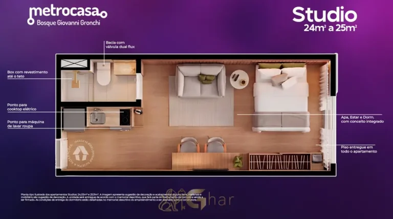 Planta do studio de 25 m² do condomínio Metrocasa Bosque Giovanni Gronchi no bairro da Vila das Belezas, São Paulo