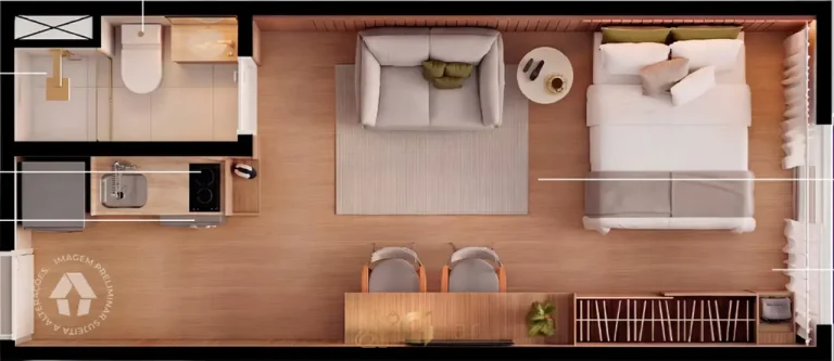 Planta do studio com layout fita em condomínio residencial no bairro da Vila das Belezas, na Zona Sul de São Paulo