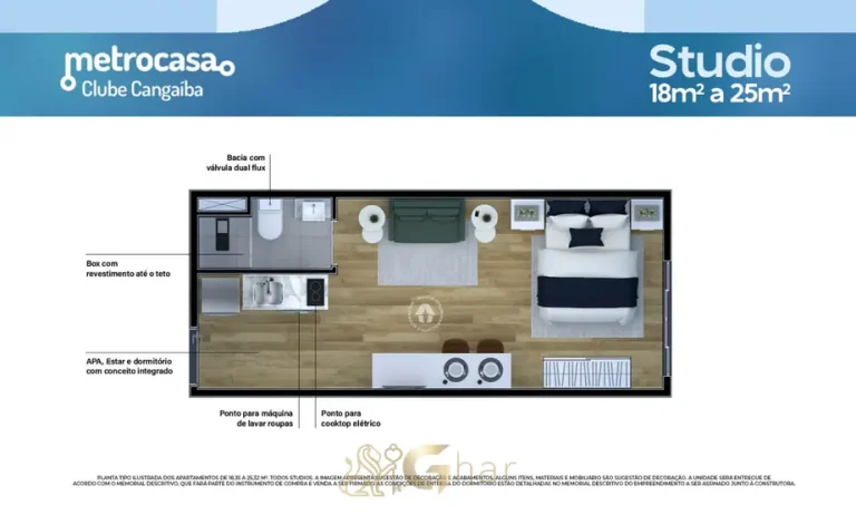 Planta do studio de 18,35 m² em condomínio residencial no bairro do Cangaíba, na Zona Leste de São Paulo