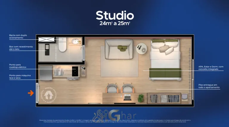 Planta do apartamento studio de 24 m² em apartamentos no bairro do Ipiranga, São Paulo