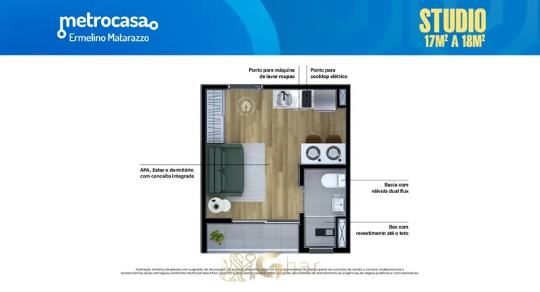 Planta do studio de 18 m² em condomínio residencial no bairro de Ermelino Matarazzo, na Zona Leste de São Paulo
