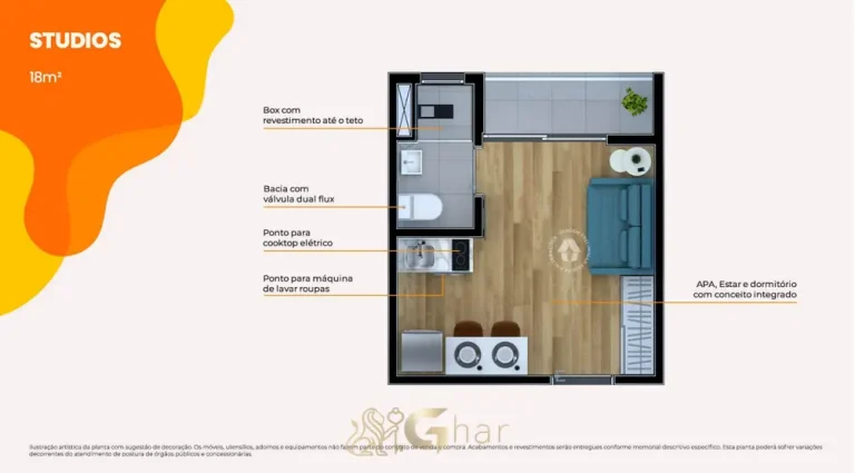 Planta do apartamento studio de 18 m² em condomínio residencial no bairro da Freguesia do Ó, na Zona Norte de São Paulo