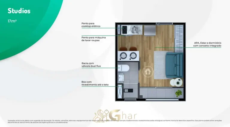 Planta do studio de 17 m² em condomínio residencial no bairro de Santo Amaro, na Zona Sul de São Paulo