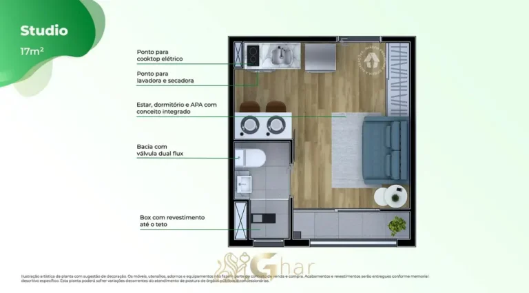 Planta do apartamento studio de 17 m² do condomínio Metrocasa Estação Oratório no bairro da Vila Prudente, São Paulo