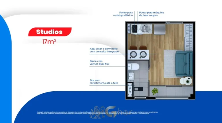 Planta do apartamento studio de 16,81 m² do condomínio Metrocasa Estação Patriarca no bairro do Patriarca, São Paulo