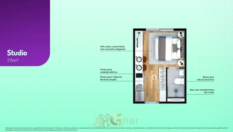 Planta do apartamento studio de 17 m² do condomínio Metrocasa Estação Vila Prudente no bairro da Vila Prudente, São Paulo