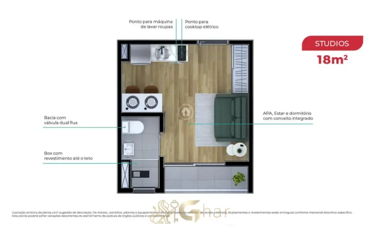 Planta do studio de 18 m² em condomínio residencial no bairro de Sapopemba, na Zona Leste de São Paulo