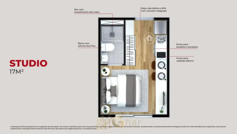 Planta do studio de 17 m² do condomínio Metrocasa Guilhermina Esperança no bairro da Vila Guilhermina, São Paulo