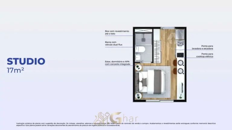 Planta do apartamento studio de 17 m² do condomínio Metrocasa Jaçanã II no bairro do Jaçanã, São Paulo