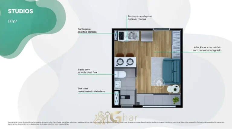 Planta do studio de 17 m² do condomínio Metrocasa Jaguaré no bairro do Jaguaré, São Paulo