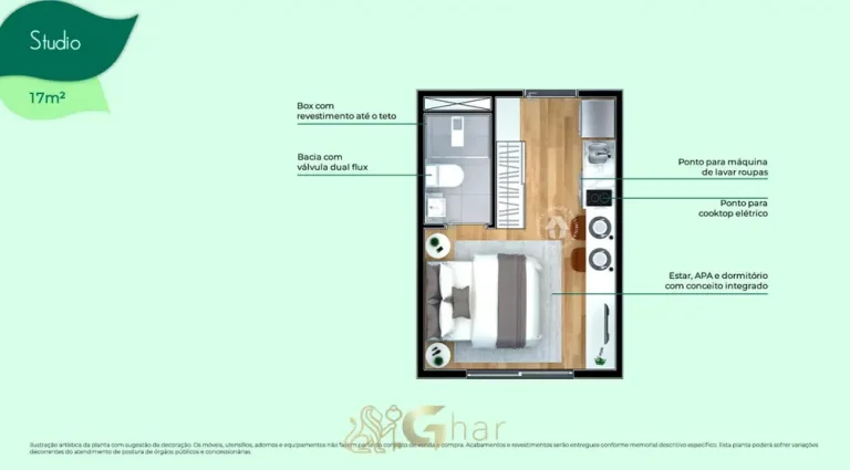 Planta do studio de 17 m² do condomínio Metrocasa Jardim Botânico no bairro do Cursino, São Paulo