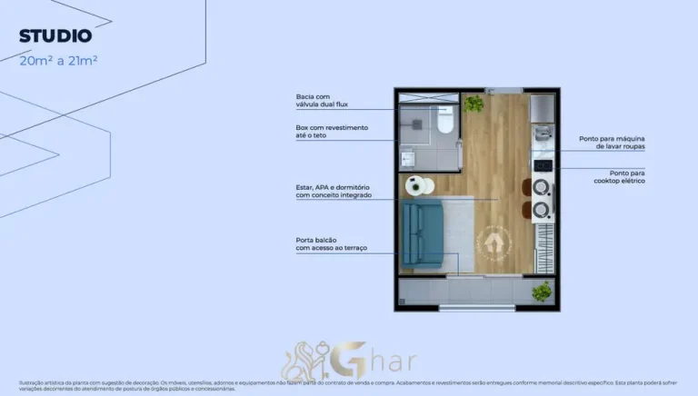 Planta do apartamento studio de 21 m² em condomínio residencial no bairro da Liberdade, no Centro de São Paulo