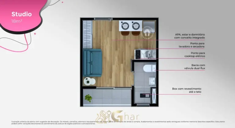 A planta do studio de 18 m² do condomínio Metrocasa Oratório no bairro da Vila Prudente, São Paulo