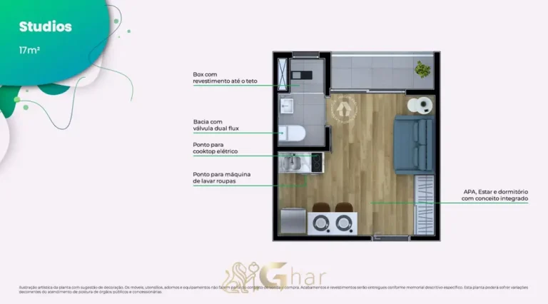 Planta do apartamento studio de 17 m² em apartamentos no bairro do Cangaíba, São Paulo