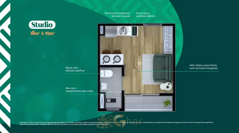 Planta do apartamento studio de 19 m² do condomínio Metrocasa Parque Nabuco no bairro da Cidade Ademar, São Paulo