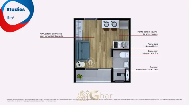 Planta do apartamento studio de 18 m² em apartamentos no bairro da Penha, São Paulo