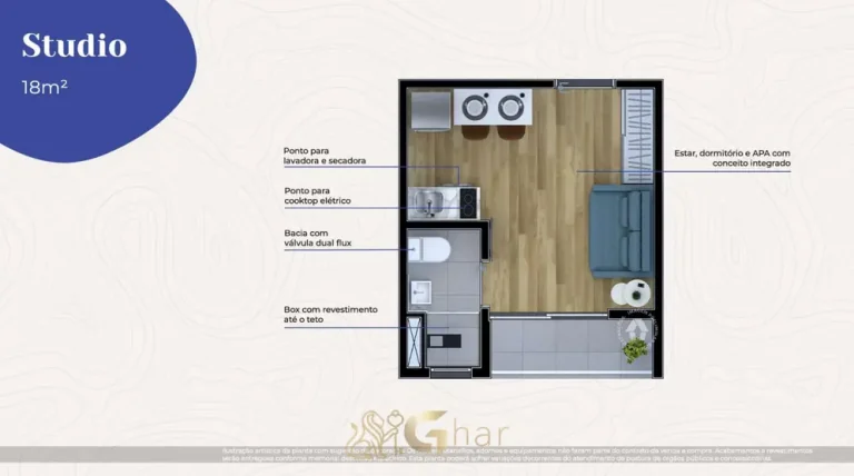 Planta do studio de 18 m² em condomínio residencial no bairro da Penha, na Zona Leste de São Paulo
