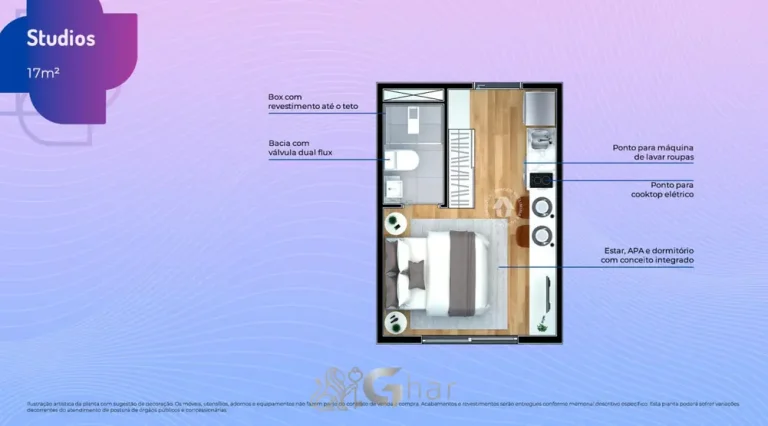 Planta do apartamento studio de 17 m² em condomínio residencial no bairro da Praça da Árvore, na Zona Sul de São Paulo