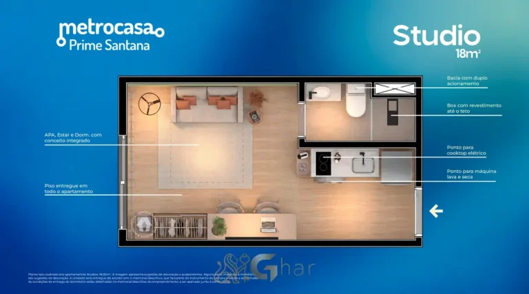 Planta do apartamento studio de 18 m² em apartamentos no bairro do Mandaqui, São Paulo