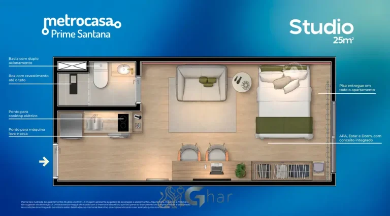 Planta do apartamento studio de 25 m² em condomínio residencial no bairro do Mandaqui, na Zona Norte de São Paulo