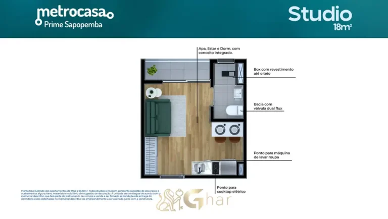 Planta do apartamento studio de 18 m² em apartamentos no bairro de Sapopemba, São Paulo
