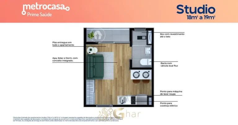 Planta do studio de 19 m² do condomínio Metrocasa Prime Saúde no bairro da Saúde, São Paulo
