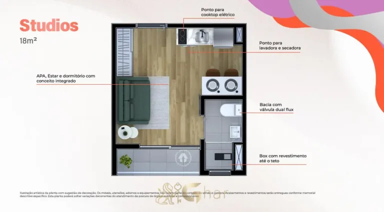 Planta do apartamento studio de 18 m² do condomínio Metrocasa Prime Vila Ema no bairro da Vila Ema, São Paulo