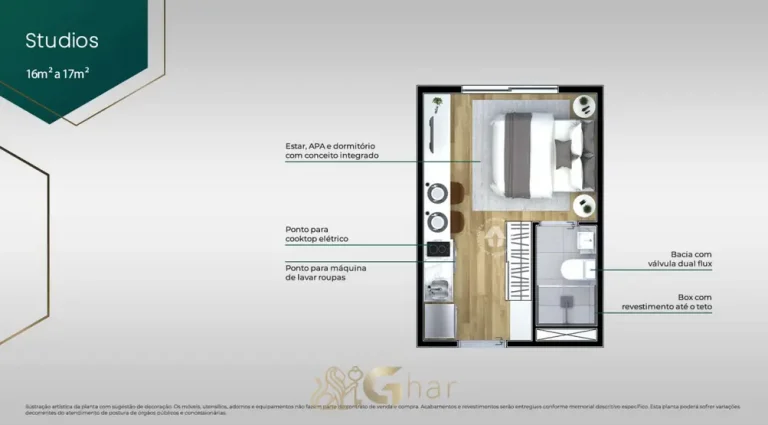 Planta do apartamento Studio de 17 m² em condomínio residencial no bairro do Morumbi, na Zona Sul de São Paulo