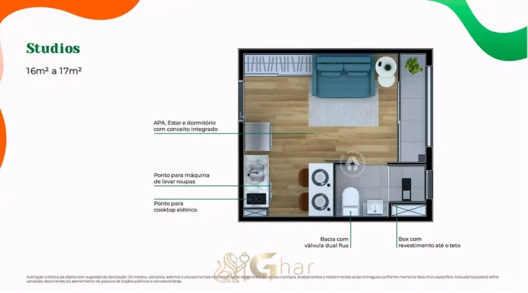 Planta do studio de 17 m² em apartamentos no bairro do Sacomã, São Paulo