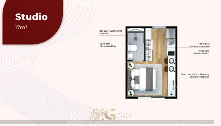 Planta do studio de 17 m² em apartamentos no bairro de Santo Amaro, São Paulo