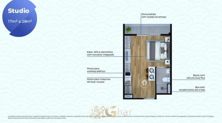 Planta do studio de 17 m² em apartamentos no bairro da Liberdade, São Paulo