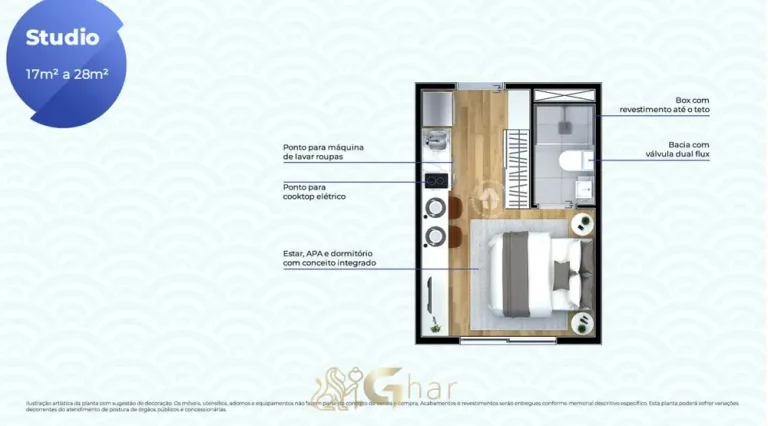 Planta do studio de 28 m² em condomínio residencial no bairro da Liberdade, no Centro de São Paulo