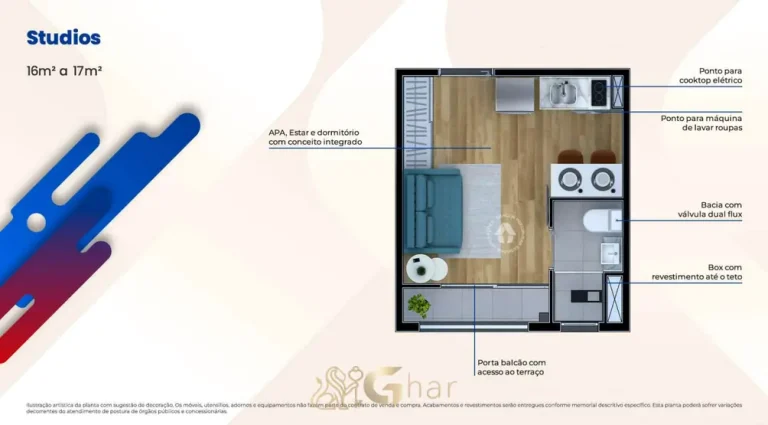 Planta do apartamento studio de 17 m² em condomínio residencial no bairro de São Miguel Paulista, na Zona Leste de São Paulo