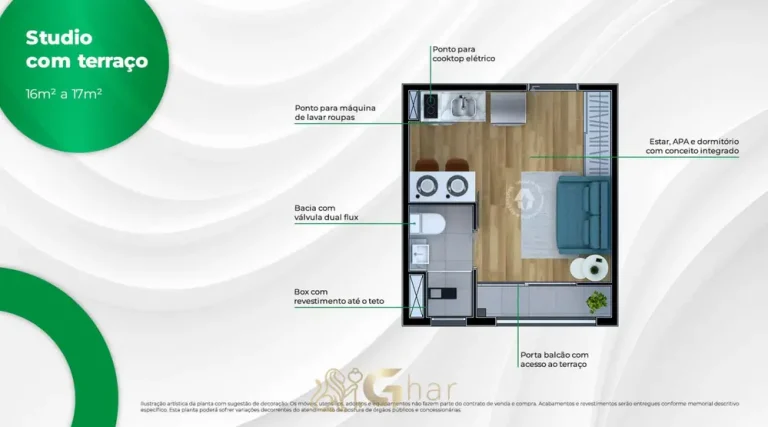 Planta do apartamento studio de 15,93 m² em condomínio residencial no bairro de Sapopemba, na Zona Leste de São Paulo