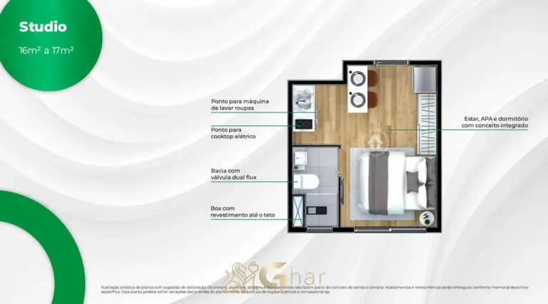 Planta do apartamento studio de 16,84 m² em apartamentos no bairro de Sapopemba, São Paulo