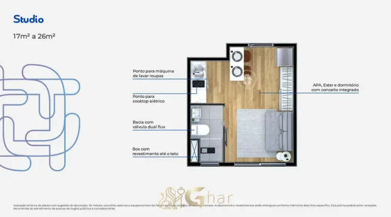 Planta do studio de 17 m² em apartamentos no bairro do Tucuruvi, São Paulo