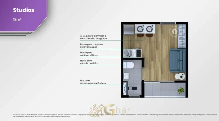 Planta do apartamento studio de 18 m² do condomínio Metrocasa Vila Carrão no bairro do Carrão, São Paulo
