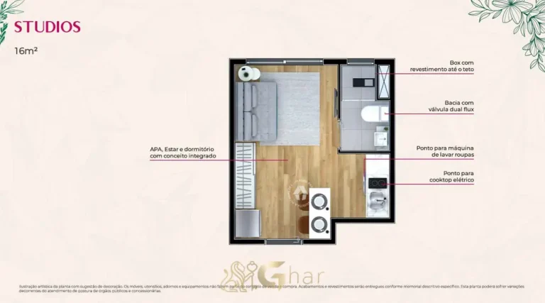Planta do studio de 16 m2 do condominio Metrocasa Vila Clarice no bairro de Pirituba, Sao Paulo