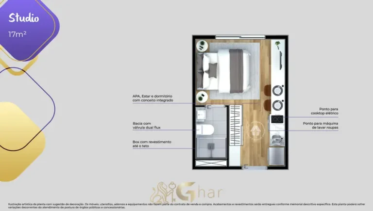 Planta do apartamento studio de 17 m² do condomínio Metrocasa Vila das Belezas II no bairro da Vila das Belezas, São Paulo