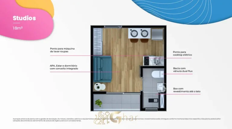 Planta do apartamento studio de 18 m² em condomínio residencial no bairro da Vila Guilherme, na Zona Norte de São Paulo
