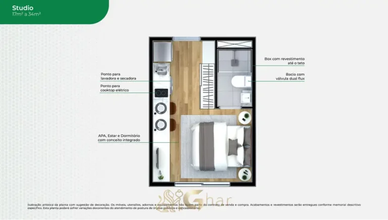 Planta do apartamento studio de 17 m² em condomínio residencial no bairro da Vila Prudente, na Zona Leste de São Paulo