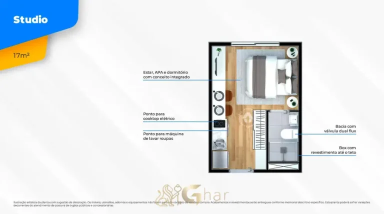 Planta do apartamento studio de 17 m² em apartamentos no bairro da Cidade Ademar, São Paulo