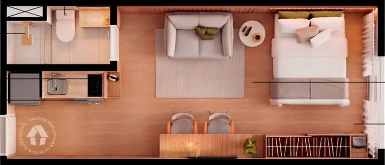Planta do apartamento studio de 24 m² do condomínio Metrocasa Viva Campo Limpo no bairro do Campo Limpo, São Paulo