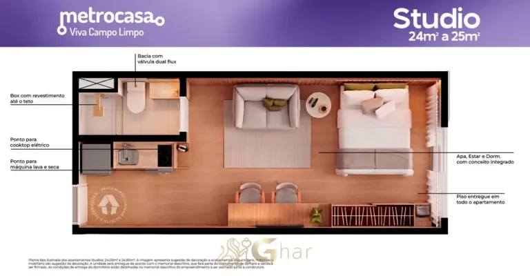 Planta do apartamento studio de 25 m² em apartamentos no bairro do Campo Limpo, São Paulo