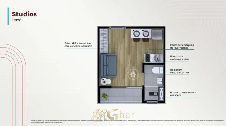 Planta do apartamento studio de 18 m² do condomínio Metrocasa Viva Itaquera no bairro de Itaquera, São Paulo