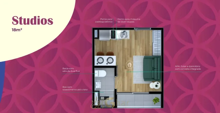 Planta do apartamento studio de 18 m² do condomínio Metrocasa Viva Pirituba no bairro de Pirituba, São Paulo