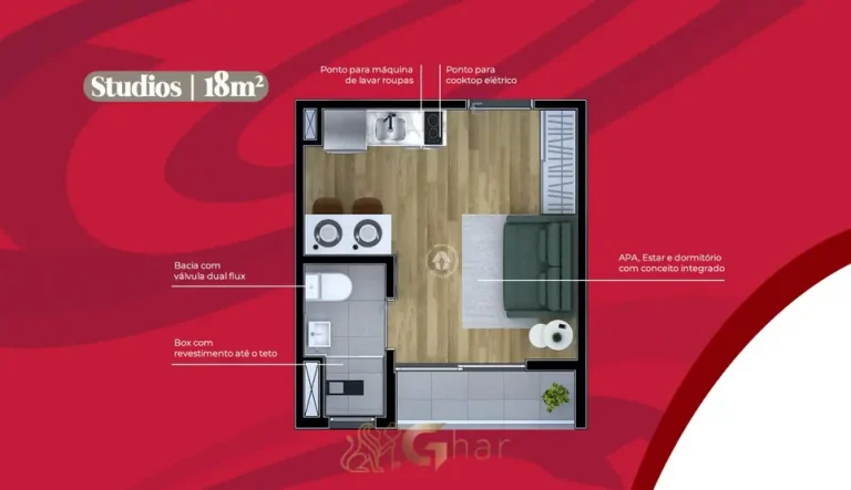 Planta do apartamento studio de 18 m² do condomínio Metrocasa Estação Perus no bairro de Perus, São Paulo