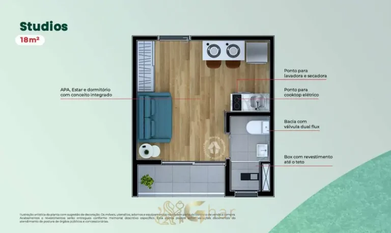 Planta do apartamento studio de 18 m² em condomínio residencial no bairro da Penha, na Zona Leste de São Paulo