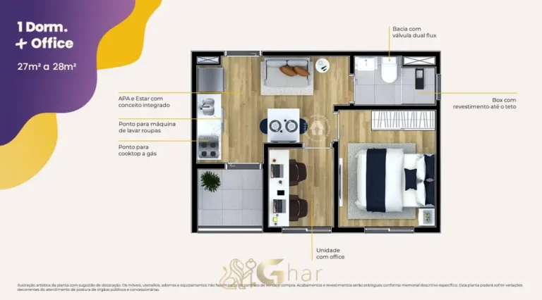 Planta do apartamento de 1 dormitório com office do condomínio Metrocasa Estação Vila das Belezas no bairro da Vila das Belezas, São Paulo