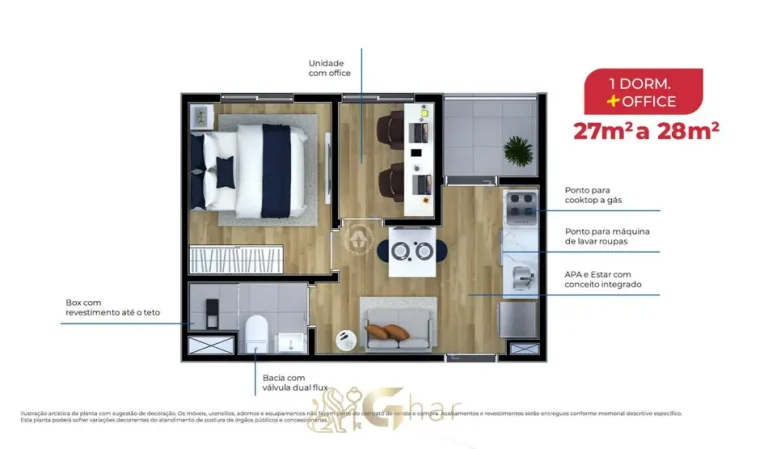 Planta do apartamento de 1 dormitório com office em apartamentos no bairro de Sapopemba, São Paulo